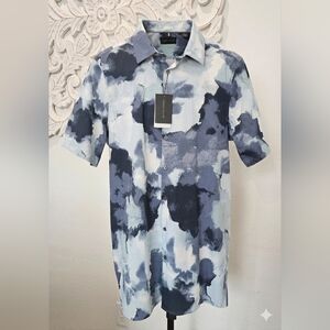 Perry Ellis Navy/Teal/Light Blue Watercolor Button Down Shirt Men's  Sz XLT NWT